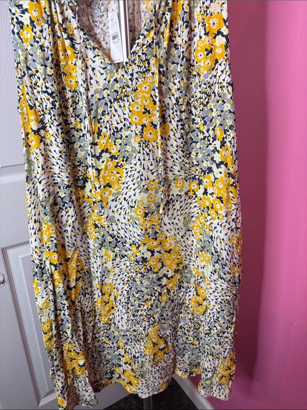 NWT LOFT Floral Sleeveless Shift Dress Yellow Gray Size L Msrp $89.50